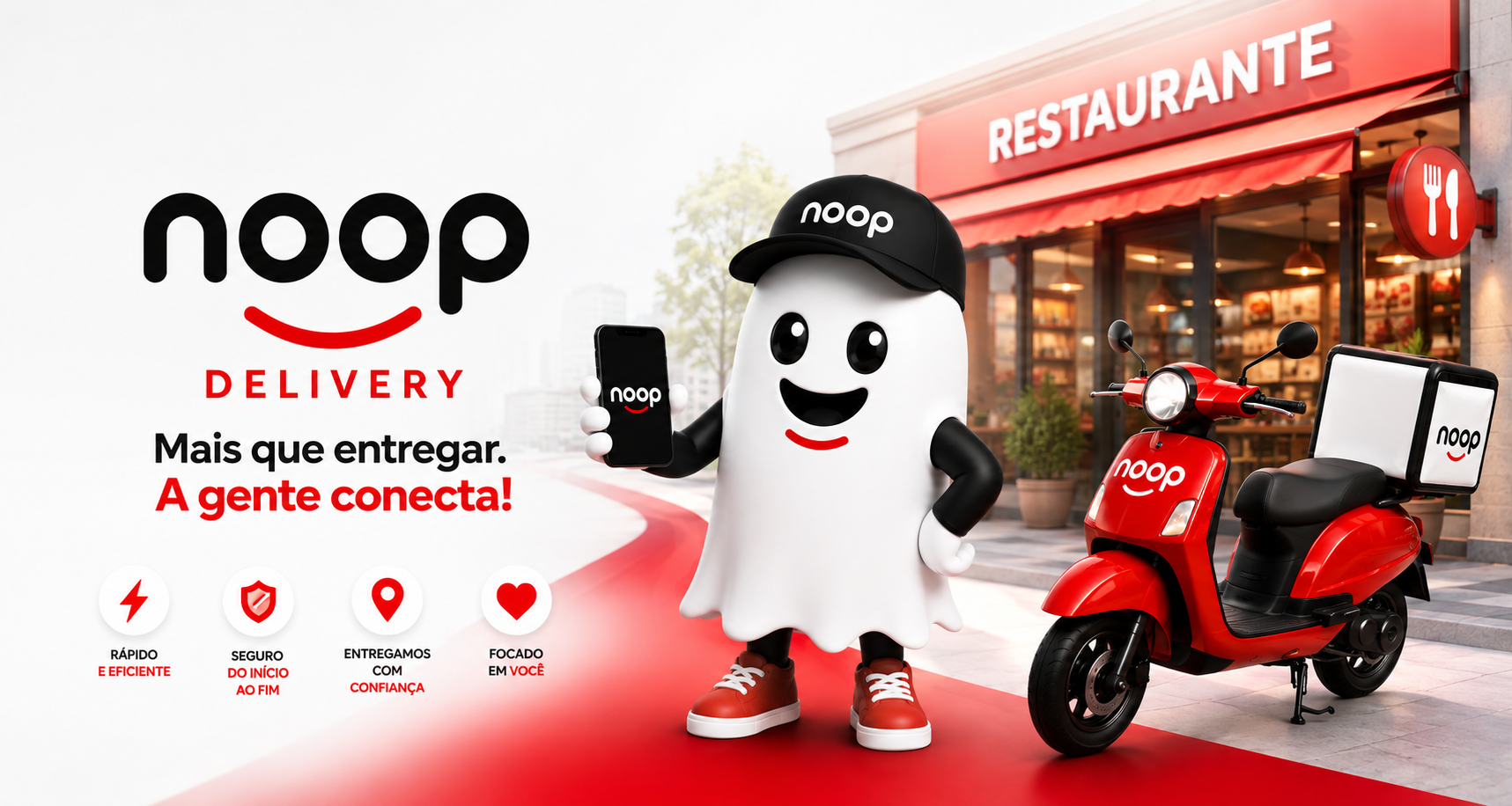 Mascote do noop Delivery em frente a um restaurante